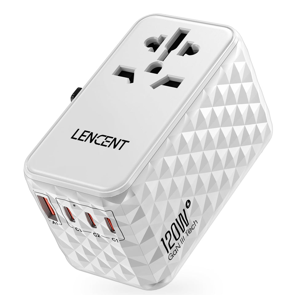 LENCENT 120W travel adapter front view shows universal compatibility for worldwide charging.