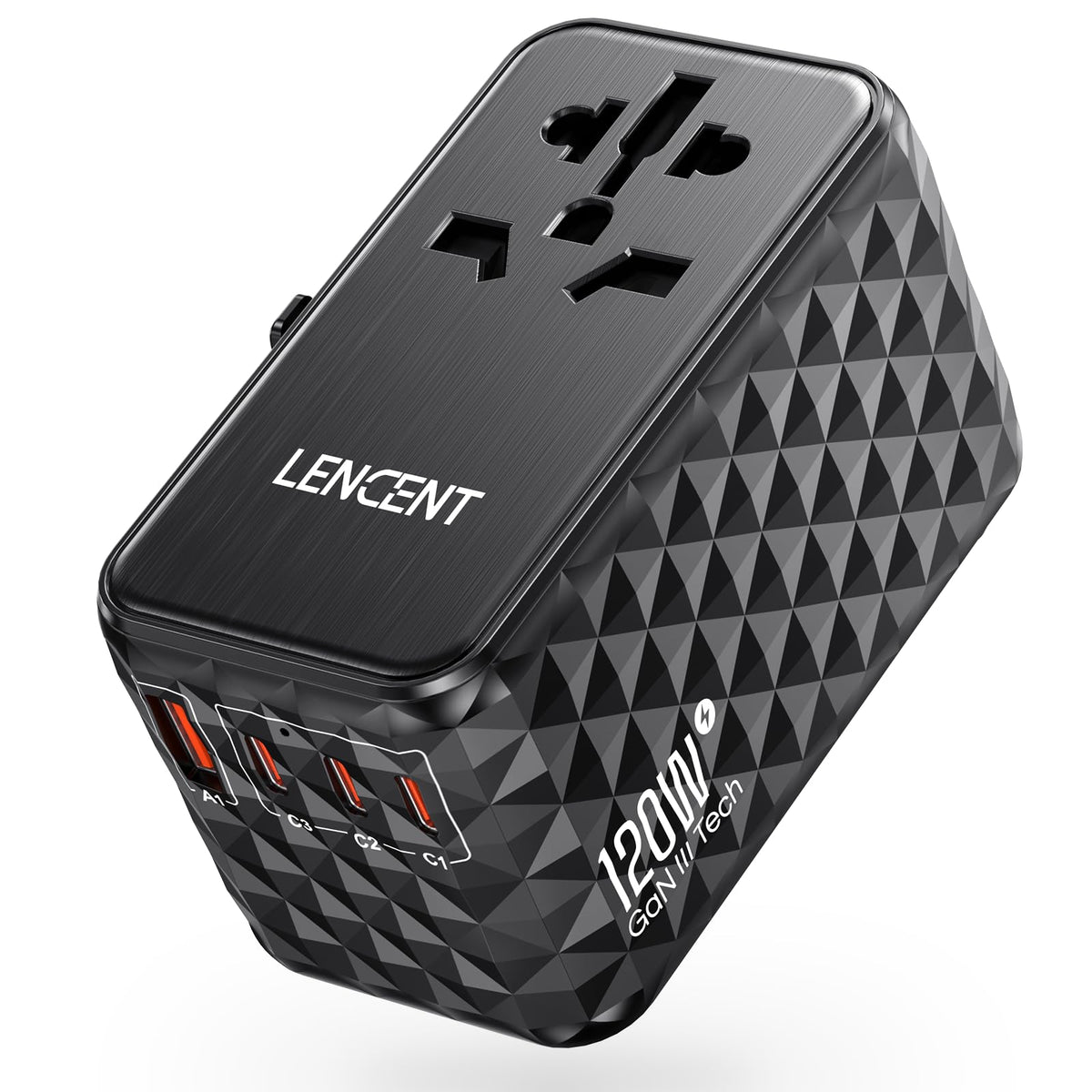 LENCENT 120W universal travel adapter, front view, compact for global trips.