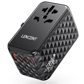 LENCENT 120W universal travel adapter, front view, compact for global trips.