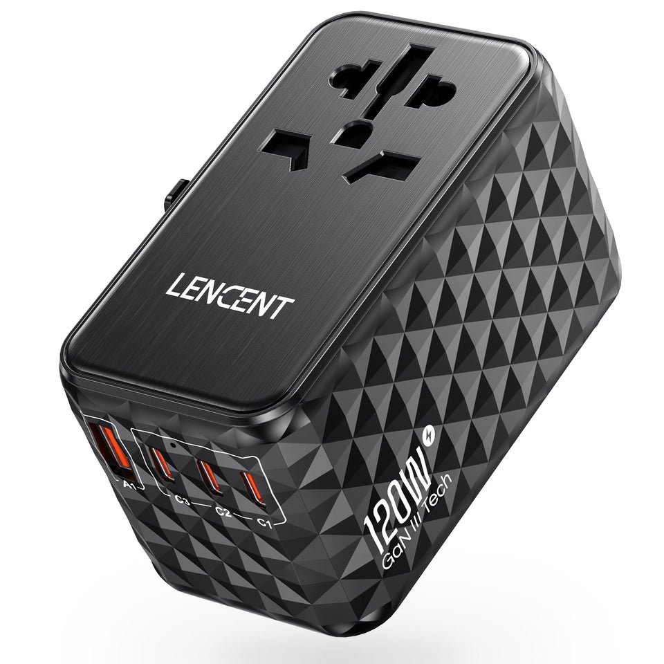LENCENT 120W universal travel adapter, front view, compact for global trips.