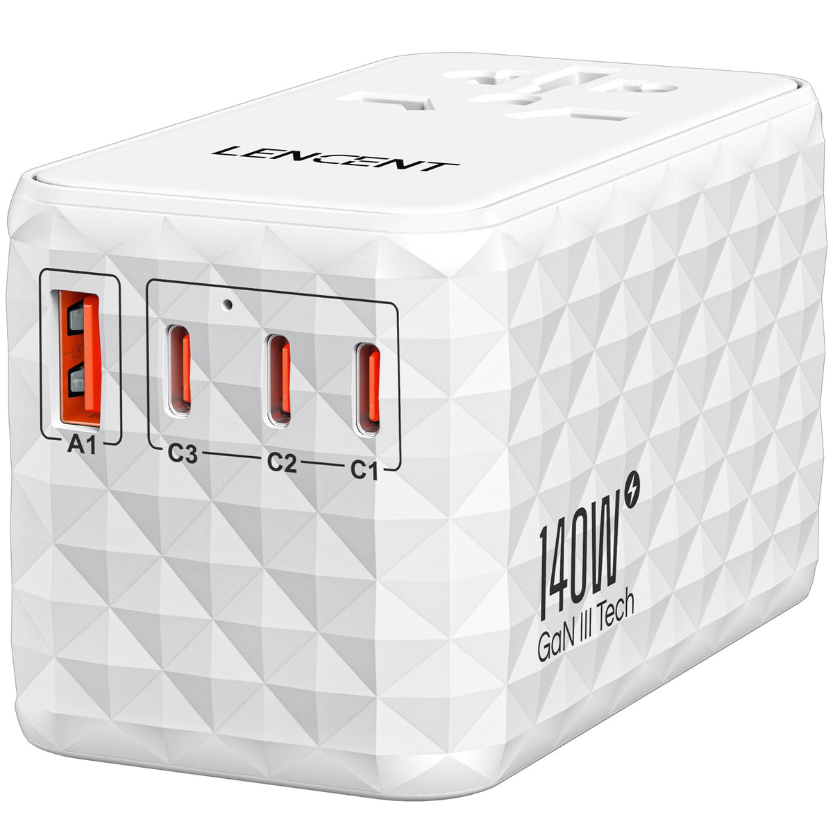 LENCENT 140W travel adapter front view showing compact design and finish