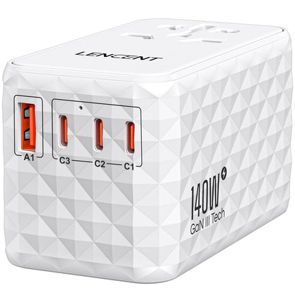 LENCENT 140W travel adapter front view showing compact design and finish