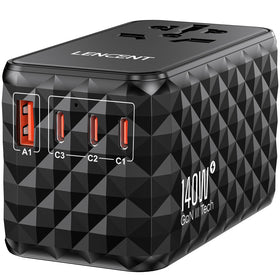 LENCENT 140W travel adapter with universal plugs for global travel safety.