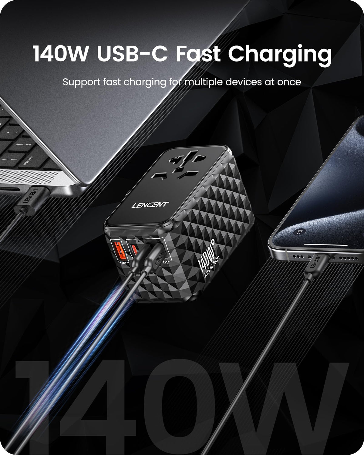 LENCENT 5-in-1 travel adapter powers USB-A and USB-C devices on the go.