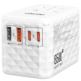 LENCENT front view of 65W travel adapter showing ports and plugs, ensures versatile charging