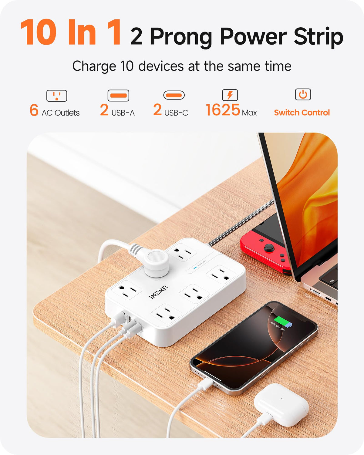 LENCENT detail of AC outlet spacing allowing bulky adapters without blocking others