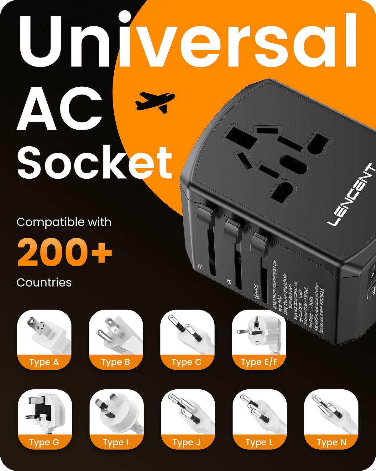 LENCENT adapter in use across USA and EU outlets on a single device.