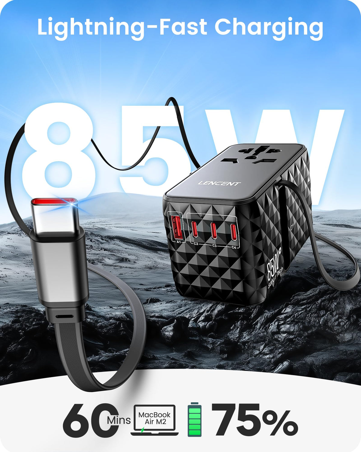 LENCENT compact travel adapter shown beside a passport for easy packing.