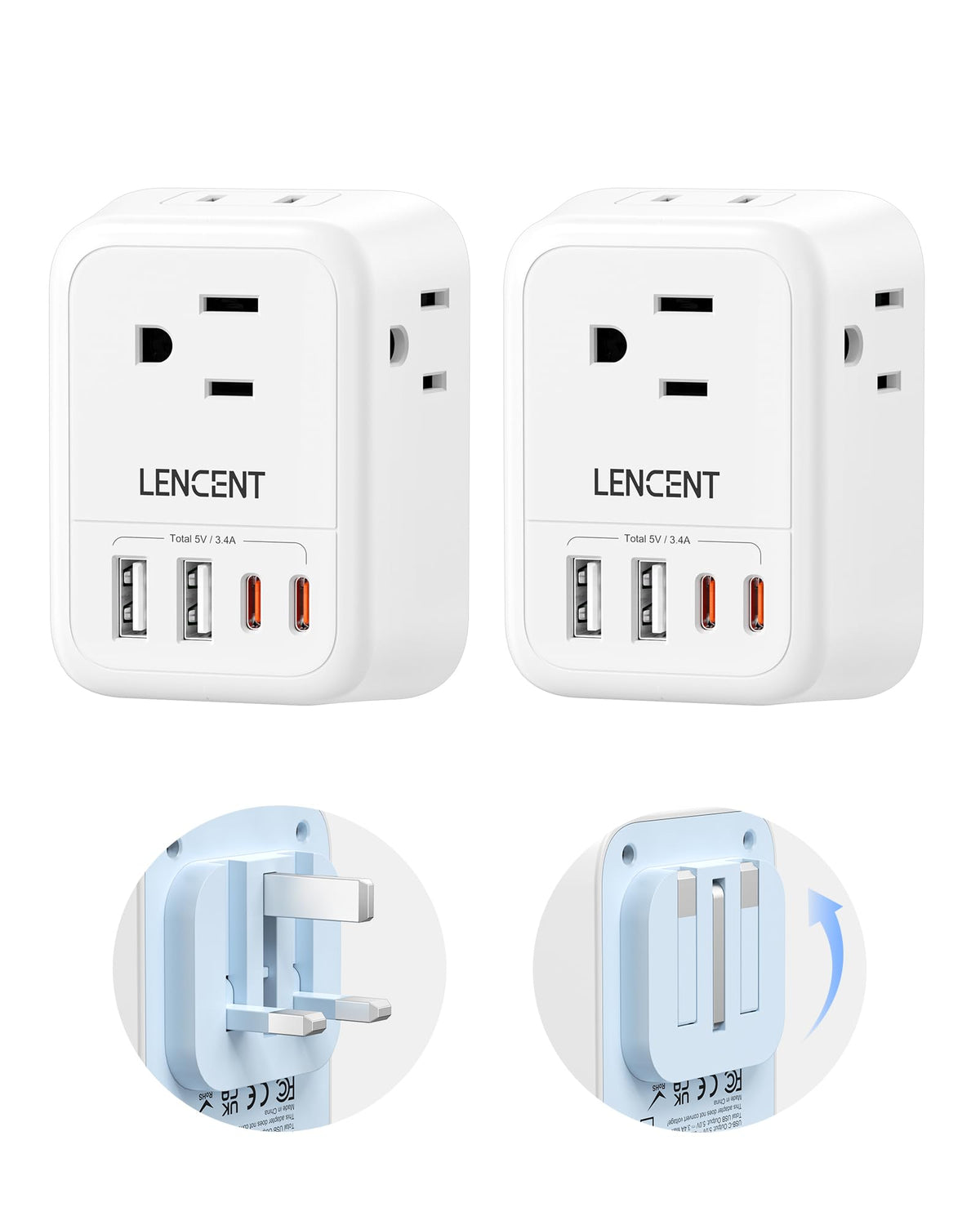 LENCENT foldable UK plug adapter for compact travel and easy packing.