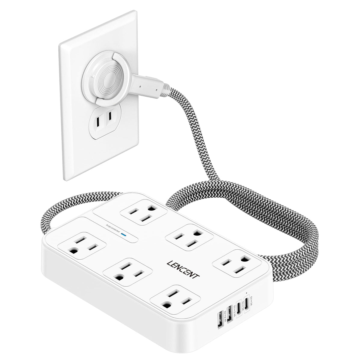 LENCENT front view of outlet extender showing multiple AC and USB ports for organized power