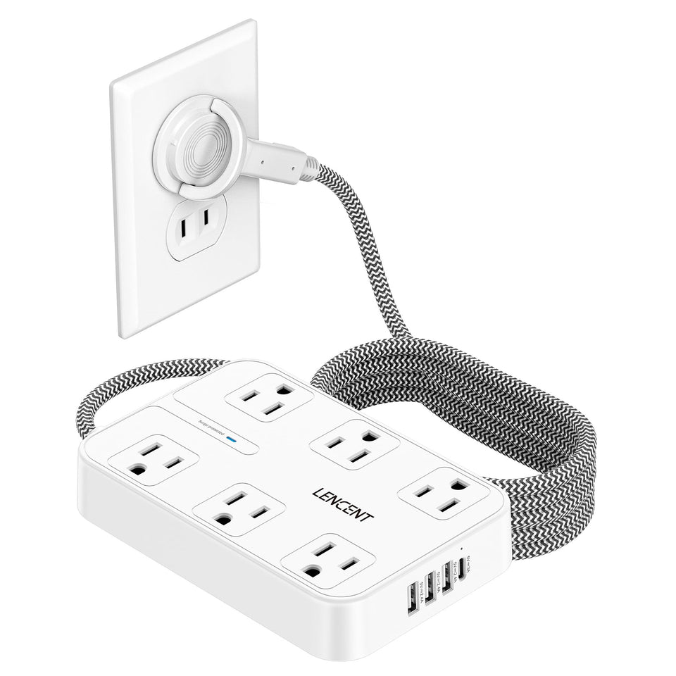 LENCENT front view showing six AC outlets and four USB ports for versatile charging