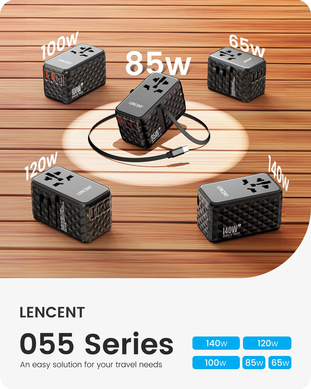 LENCENT travel plug adapter on luggage tag for cruise ship convenience.