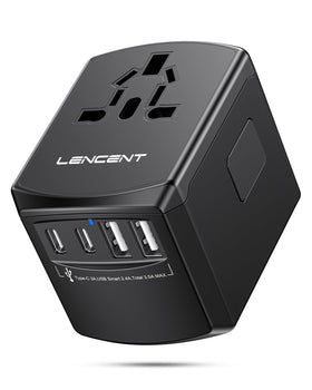 LENCENT universal travel adapter front view showing global plug compatibility.