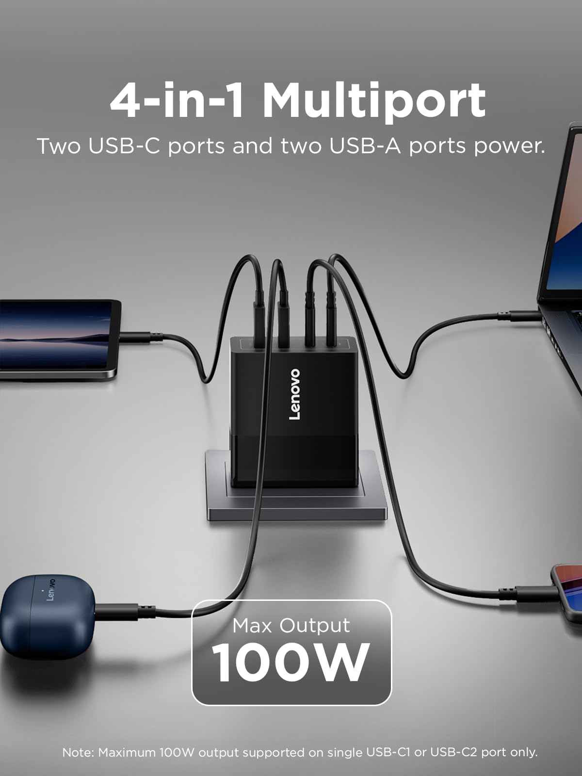 Lenovo 100W charger folded plug demonstrating travel-friendly portability benefit