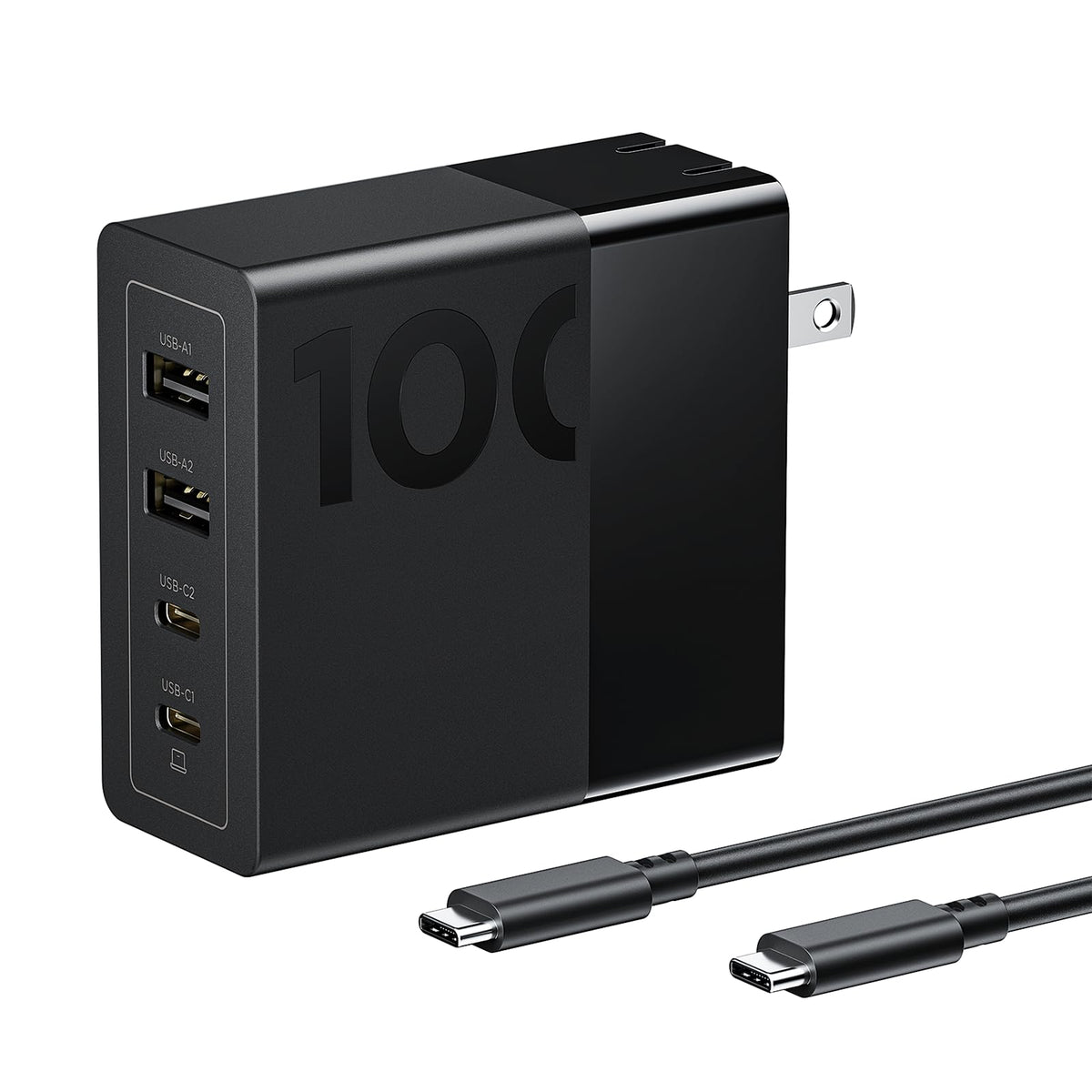 Lenovo 100W charger front view showing ports and compact profile for space-saving