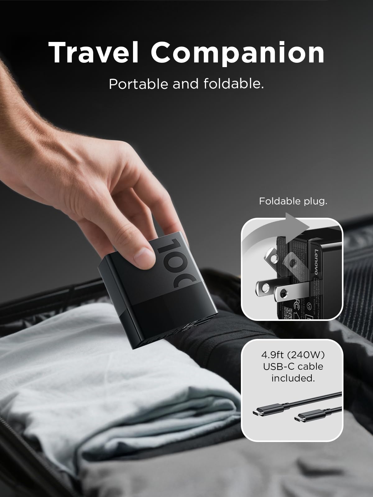 Lenovo 100W close-up of USB-C and USB-A ports for versatile multi-device charging