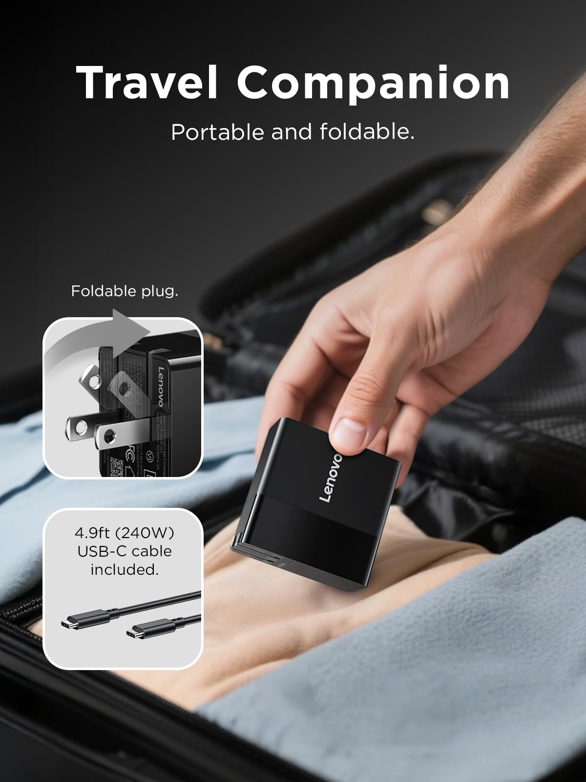 Lenovo 140W USB-C charger 3-port layout enables simultaneous device charging.