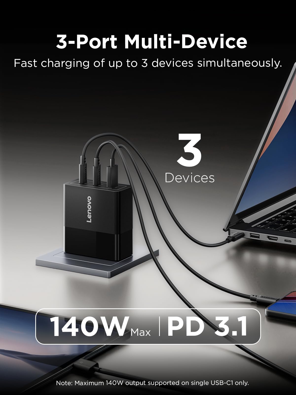 Lenovo 140W USB-C charger foldable plug demonstrates portable travel-ready power.