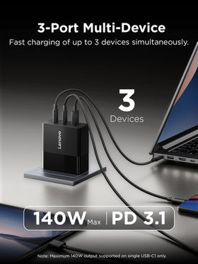 Lenovo 140W USB-C charger foldable plug demonstrates portable travel-ready power.