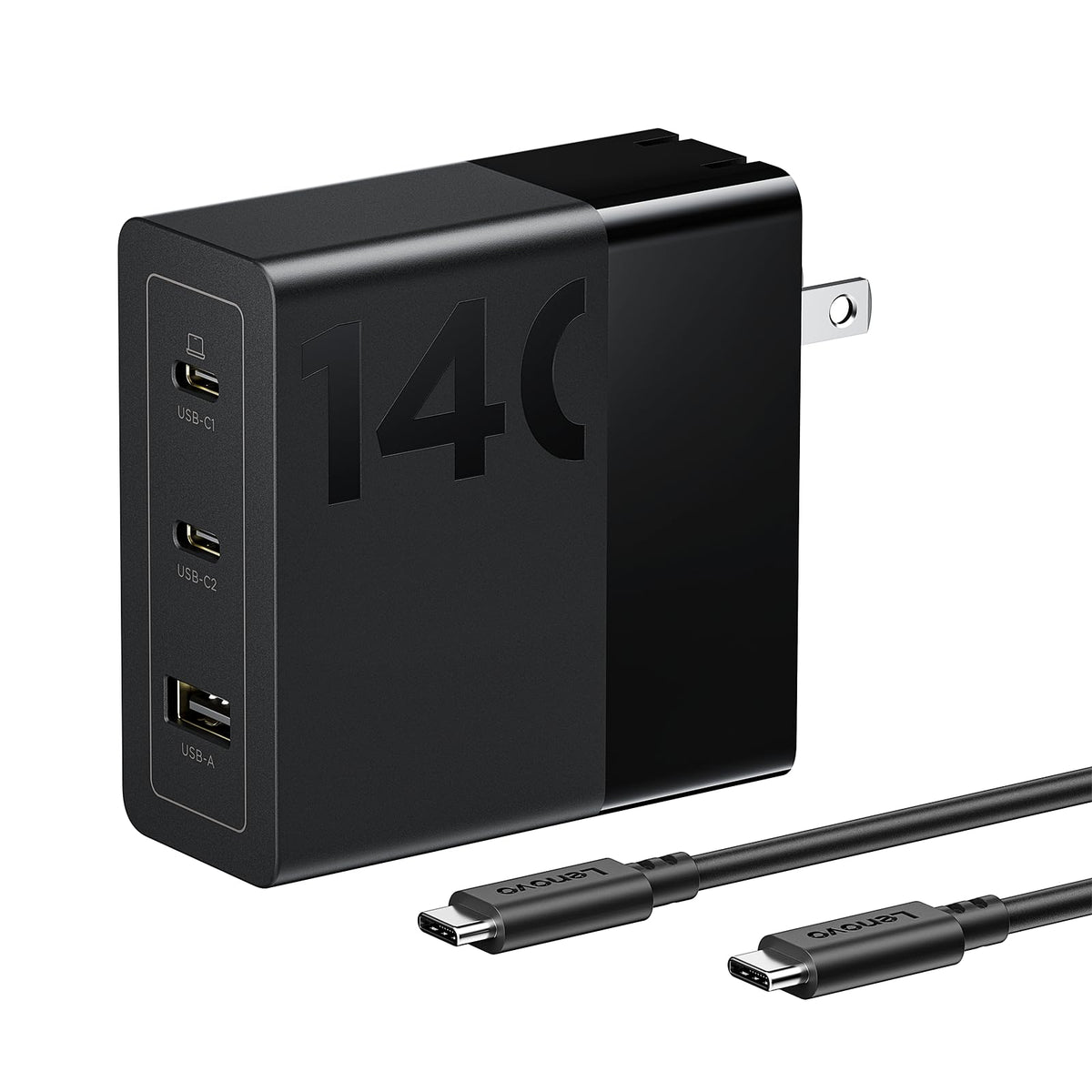 Lenovo 140W USB-C charger top view highlighting compact GaN design for desk charging.