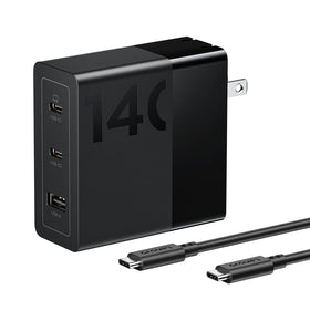 Lenovo 140W USB-C charger top view highlighting compact GaN design for desk charging.