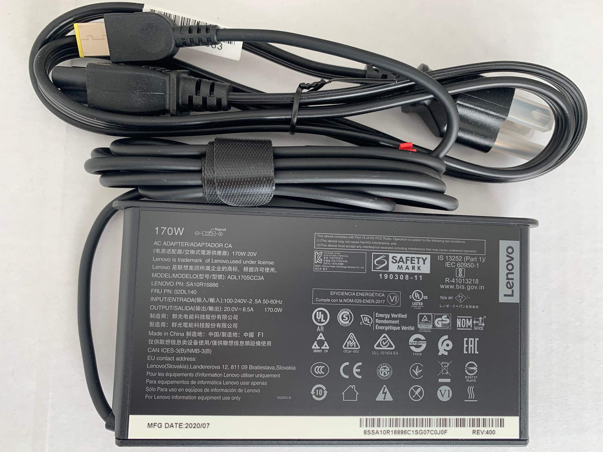 Lenovo 170W adapter front view showing compact brick and brand — reliable power