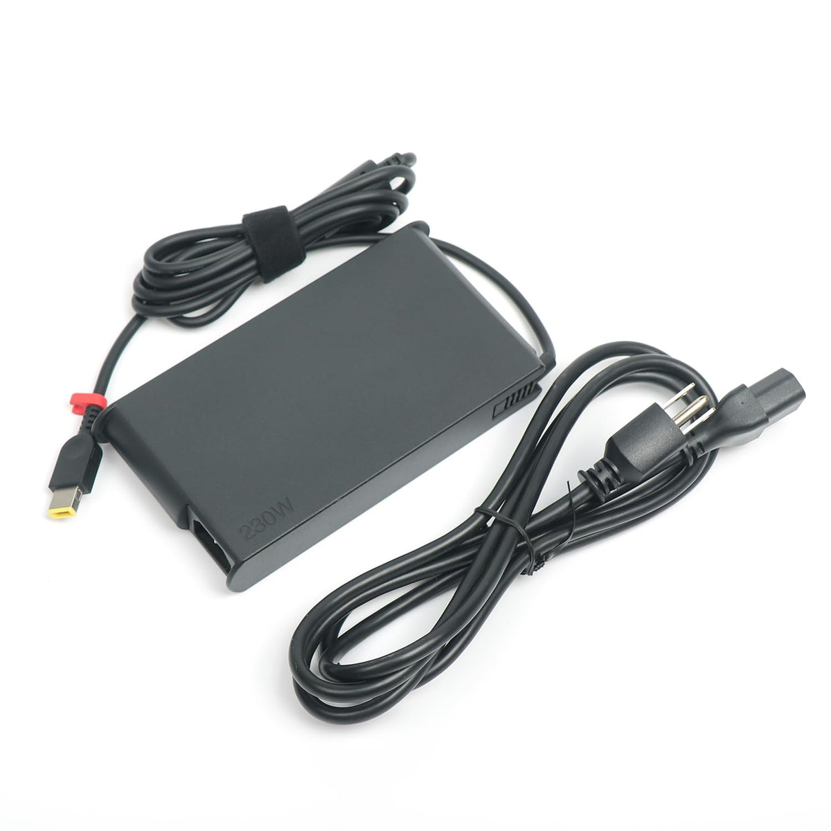 Lenovo 230W adapter front view showing compact design and robust build benefit