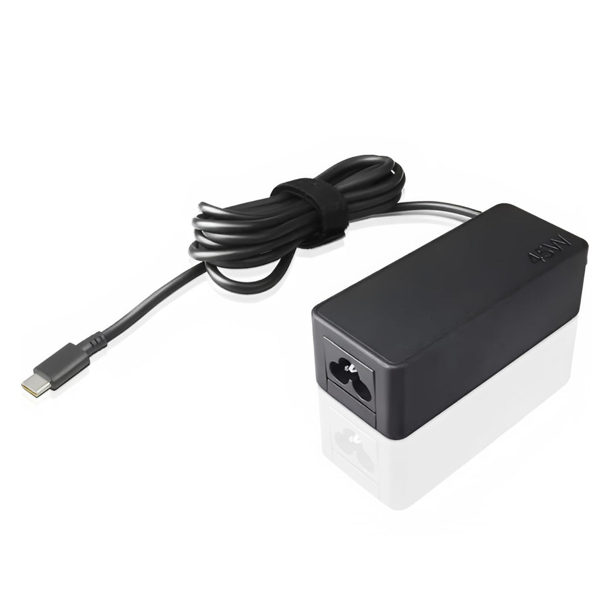 Lenovo 45W USB-C power adapter in compact design for portable charging.