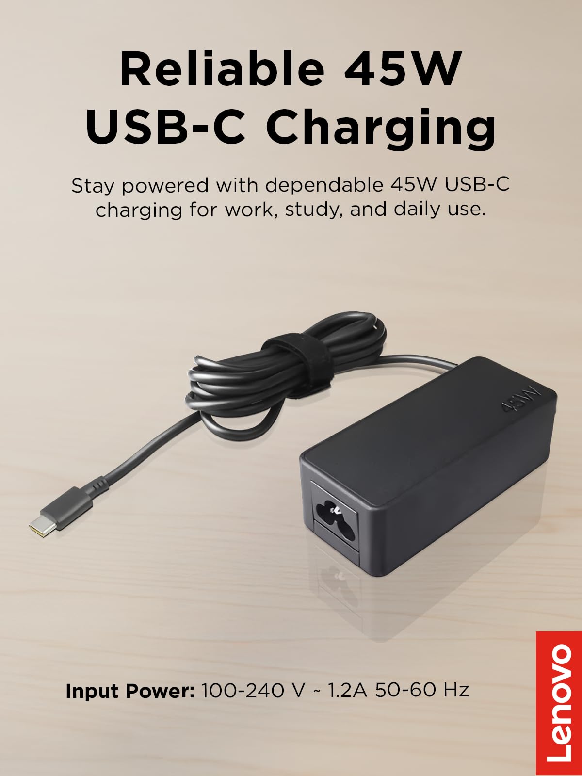 Lenovo 45W USB-C power adapter, 460g lightweight, ideal for travel.