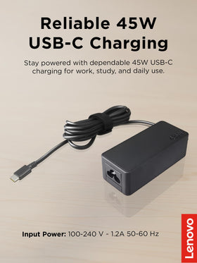 Lenovo 45W USB-C power adapter, 460g lightweight, ideal for travel.