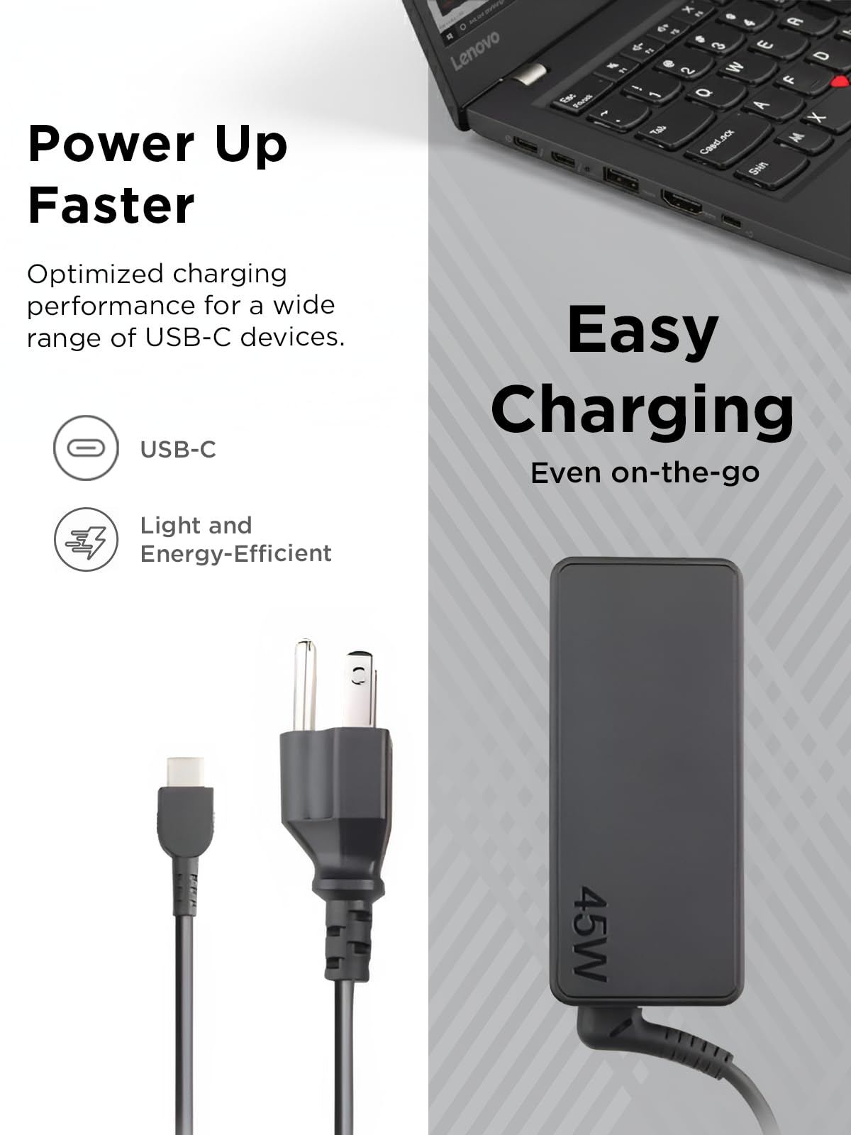Lenovo 45W USB-C power adapter connected to Yoga for quick charging.