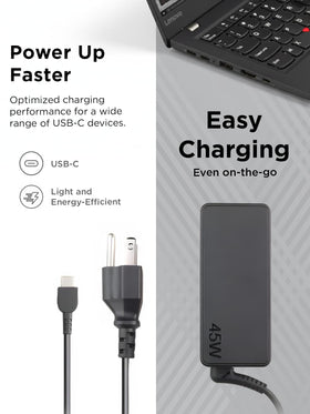 Lenovo 45W USB-C power adapter connected to Yoga for quick charging.