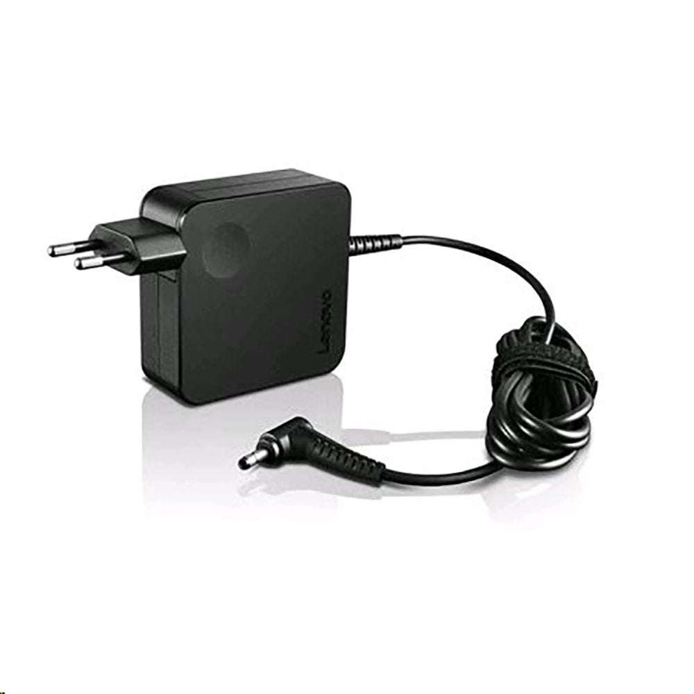 Lenovo 65W adapter front view showing compact black housing and cable—reliable spare power