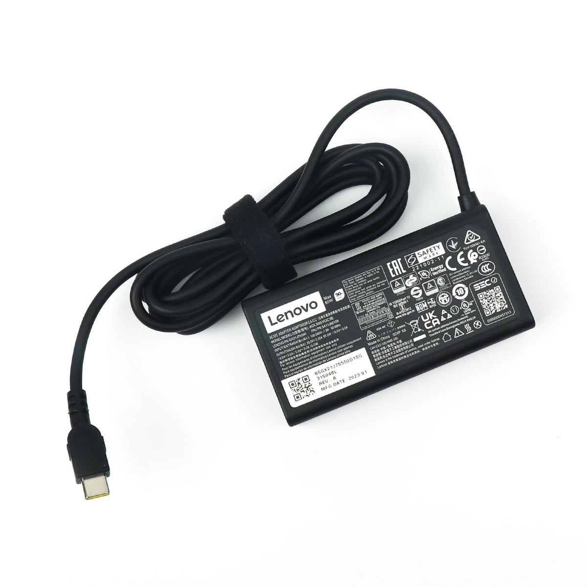 Lenovo 65W adapter front view showing compact design and reliable charging