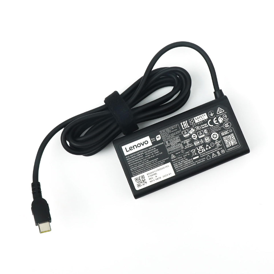 Lenovo 65W adapter front view showing compact design and reliable charging