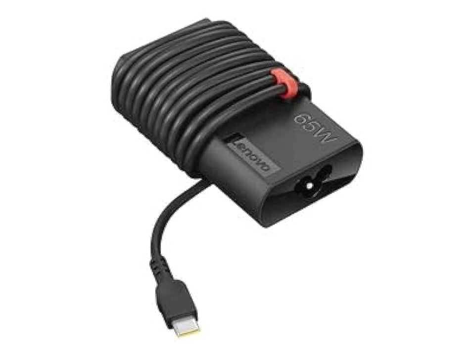 Lenovo 65W USB-C adapter front view, compact design for quick portable charging