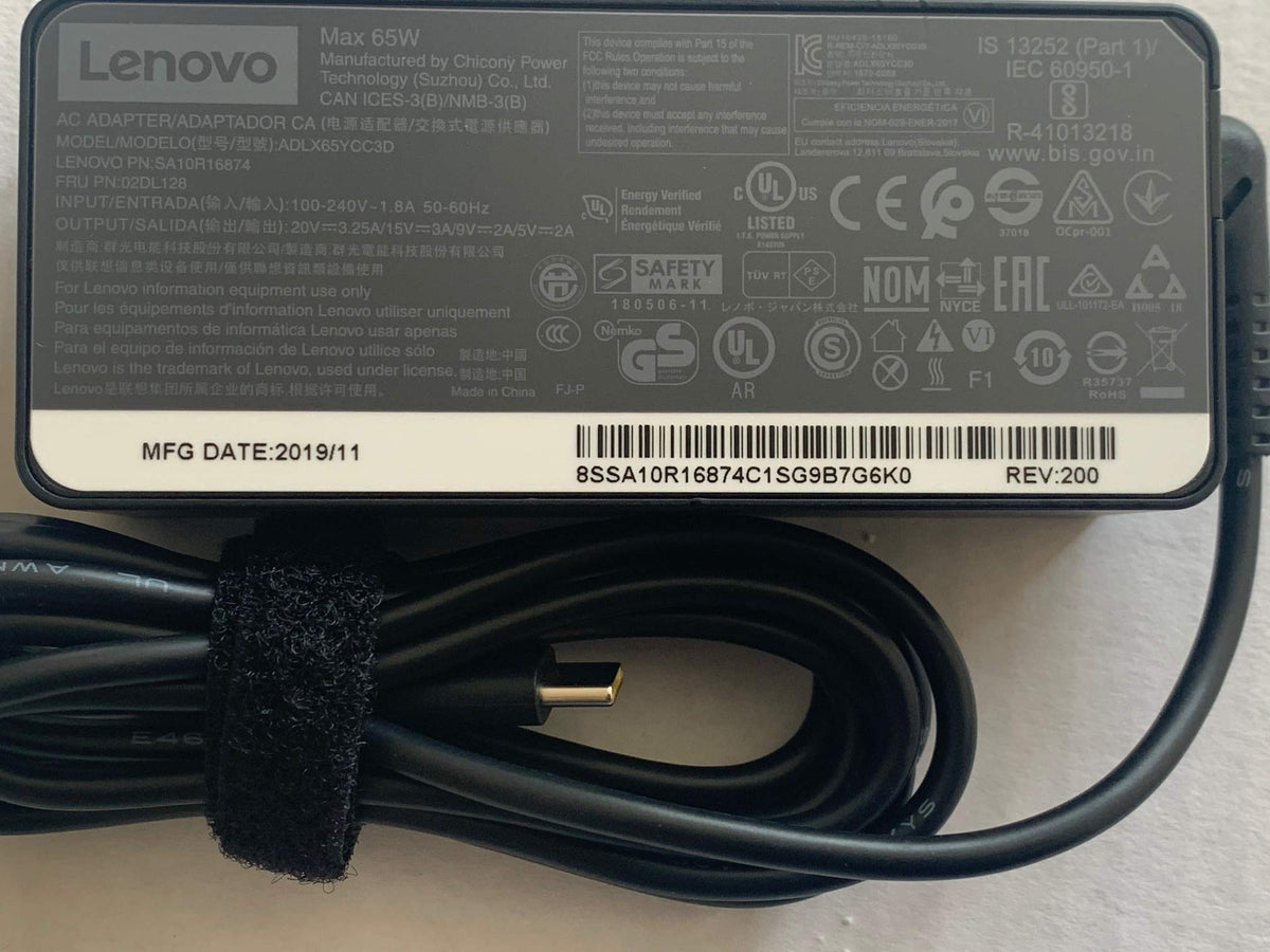 Lenovo 65W USB-C charger in use powering ThinkPad Yoga Flex Miix.