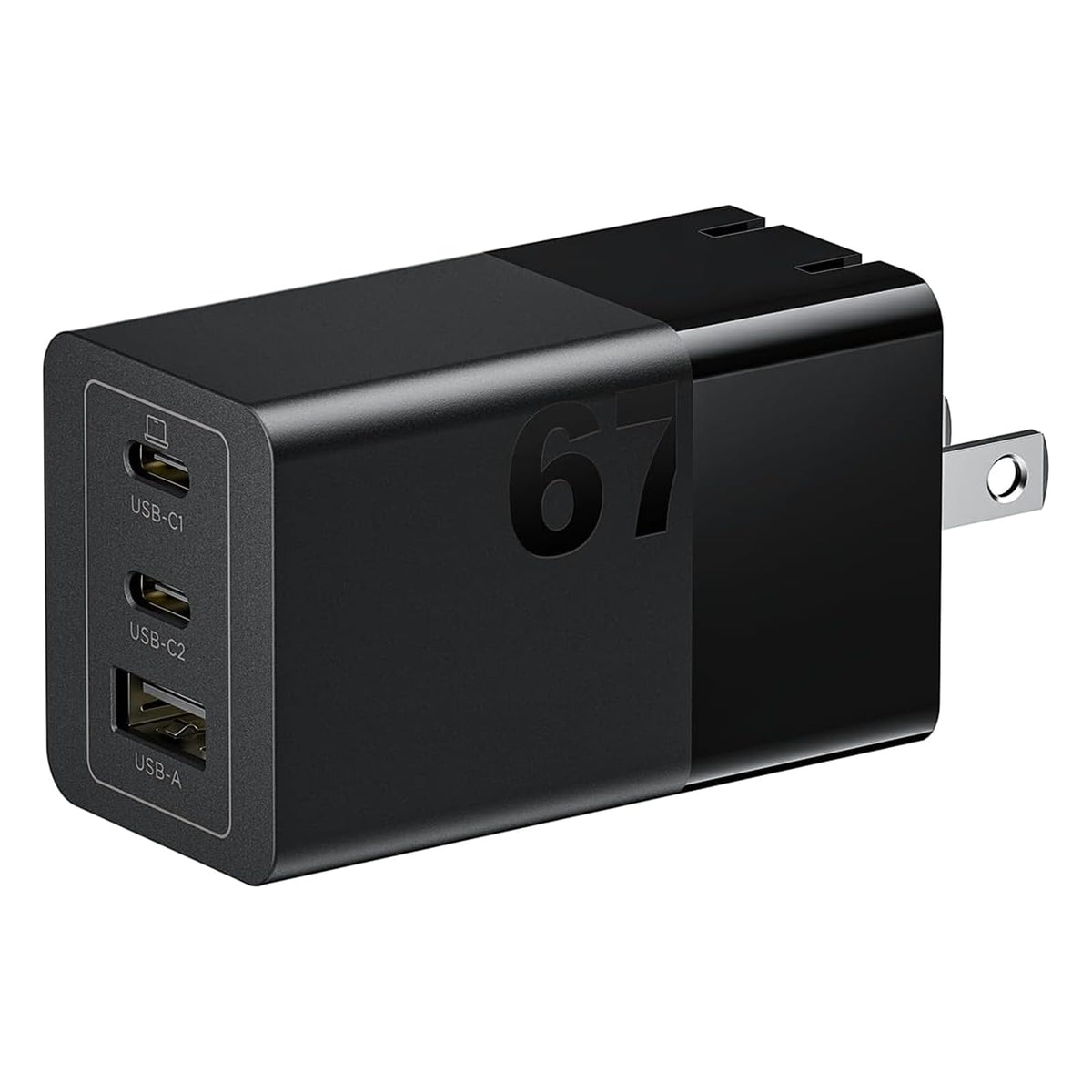 Lenovo 67W front view showing ports and compact design for faster charging