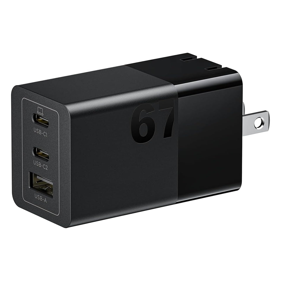 Lenovo 67W front view showing ports and compact design for faster charging