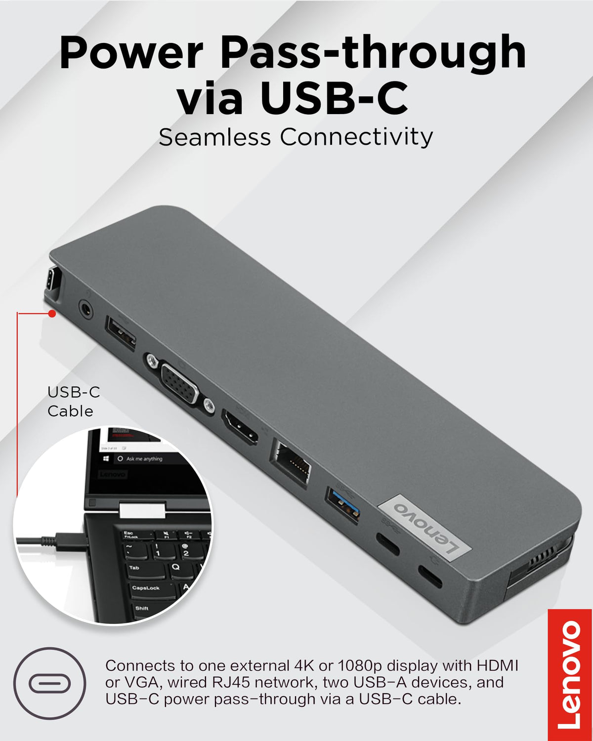 Lenovo mini dock connected to HDMI display enabling crisp visuals and collaboration.