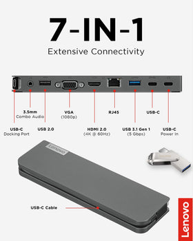 Lenovo mini dock with VGA output powering legacy monitor setups efficiently.