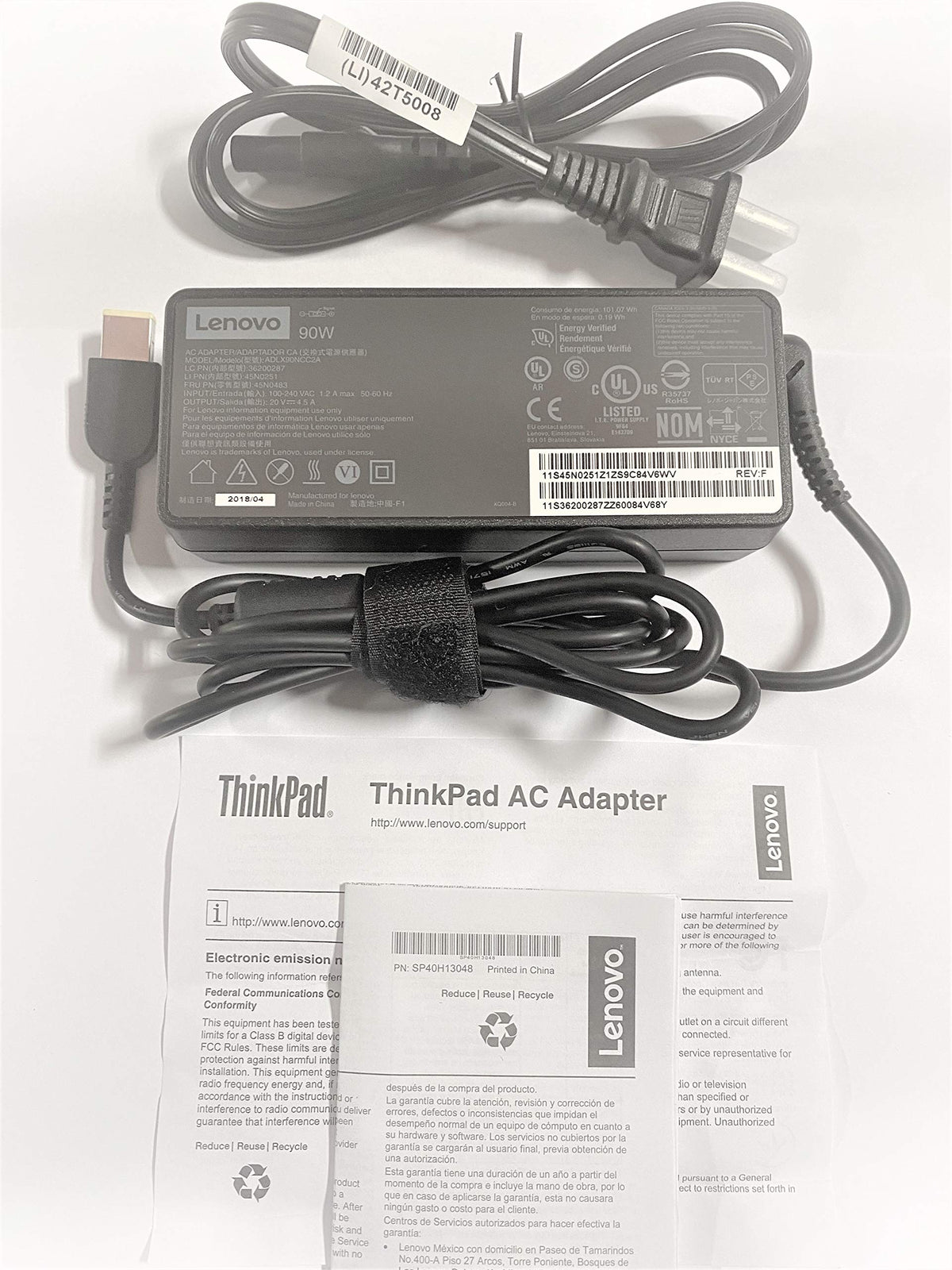 Lenovo 90W Slim Tip AC adapter front view, compact and travel-ready.