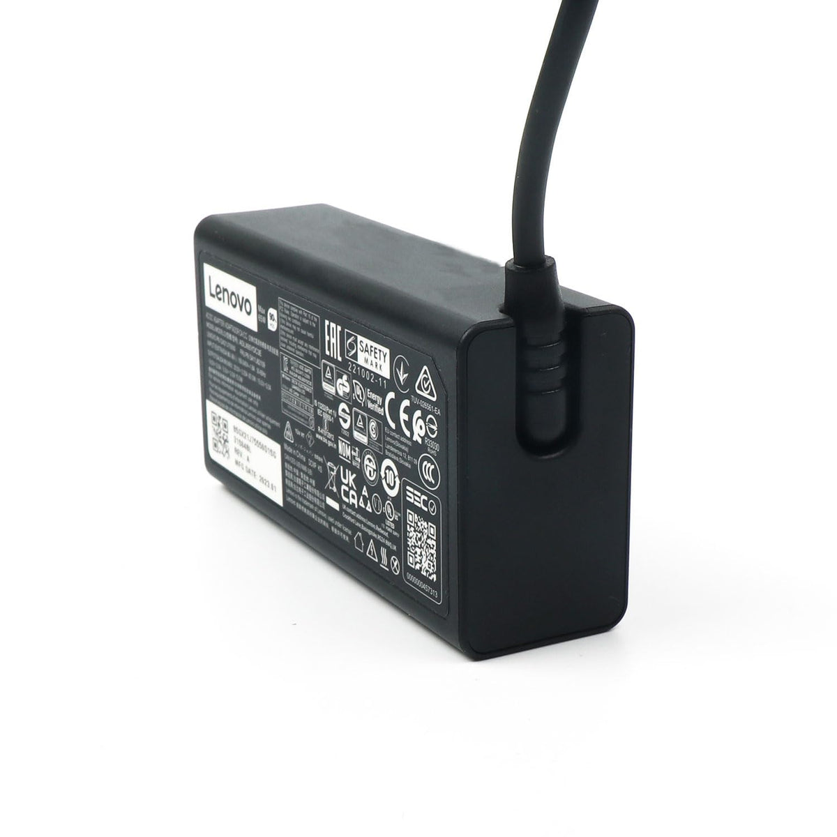 Lenovo adapter plug and vent detail highlighting cooling and durability