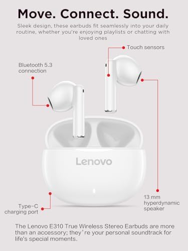 Charging case with Lenovo E310 earbuds shown for compact portability