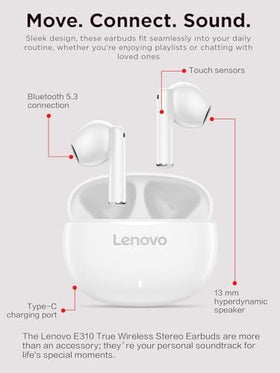 Charging case with Lenovo E310 earbuds shown for compact portability
