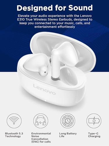 Angled view of Lenovo E310 earbuds highlighting ergonomic fit