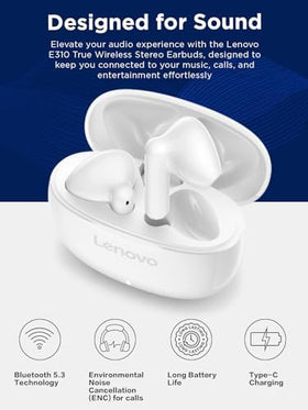 Angled view of Lenovo E310 earbuds highlighting ergonomic fit