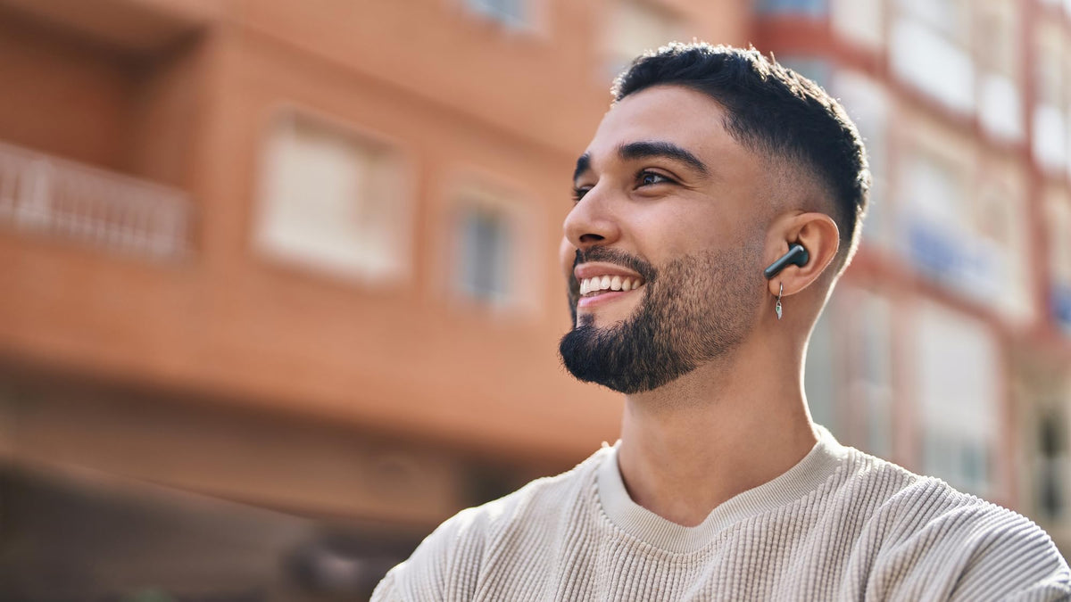 Lenovo earbuds showing touch controls, easy triple-tap switching