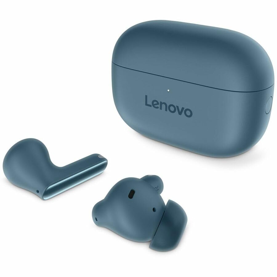 Lenovo earbuds worn at workspace, comfortable fit for long calls