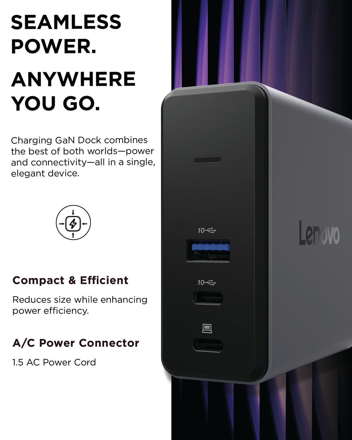 Lenovo GaN Dock displaying two USB-C ports with high-speed data transfer up to 10 Gbps.